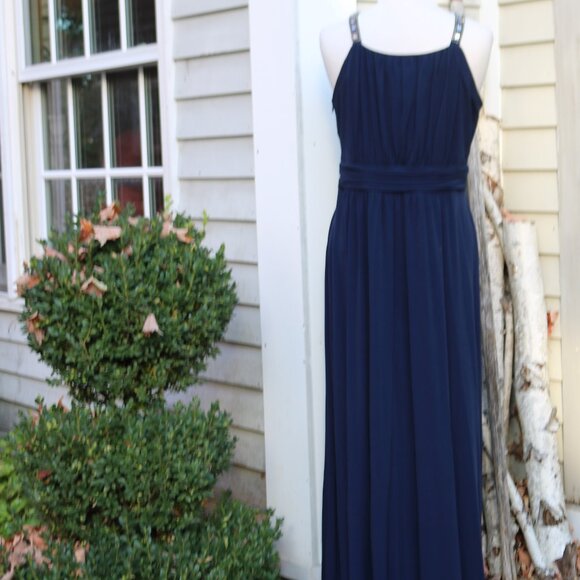 Sangria Navy Blue Knit Grecian Gathered Knit Rhinestone Trim Formal Maxi Dress - Picture 8 of 11